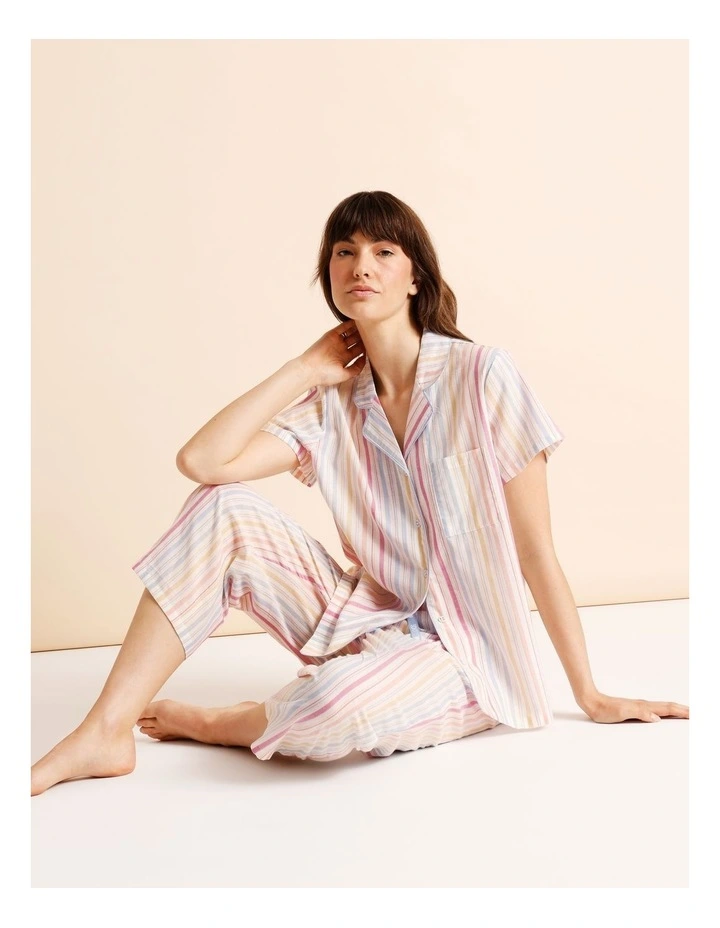 Core Cotton Short Sleeve 3/4 Pant PJ Set in Multi Yarn Dyed Stripe image 2