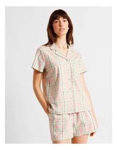 Core Cotton Sateen Short Sleeve Short PJ Set in Pistachio Check Print