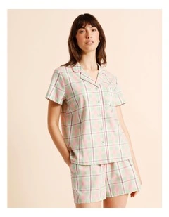 Core Cotton Sateen Short Sleeve Short PJ Set in Pistachio Check Print