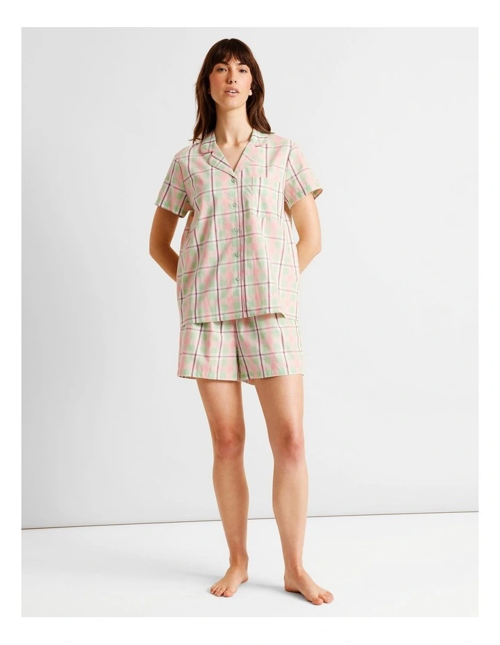 Core Cotton Sateen Short Sleeve Short PJ Set in Pistachio Check Print image 2