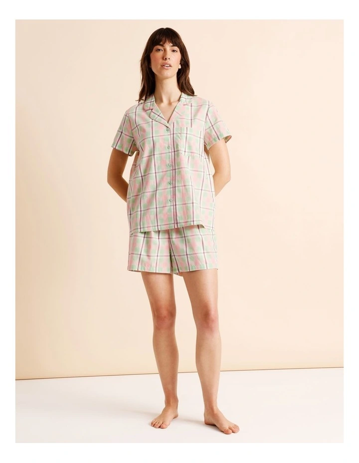 Core Cotton Sateen Short Sleeve Short PJ Set in Pistachio Check Print image 2