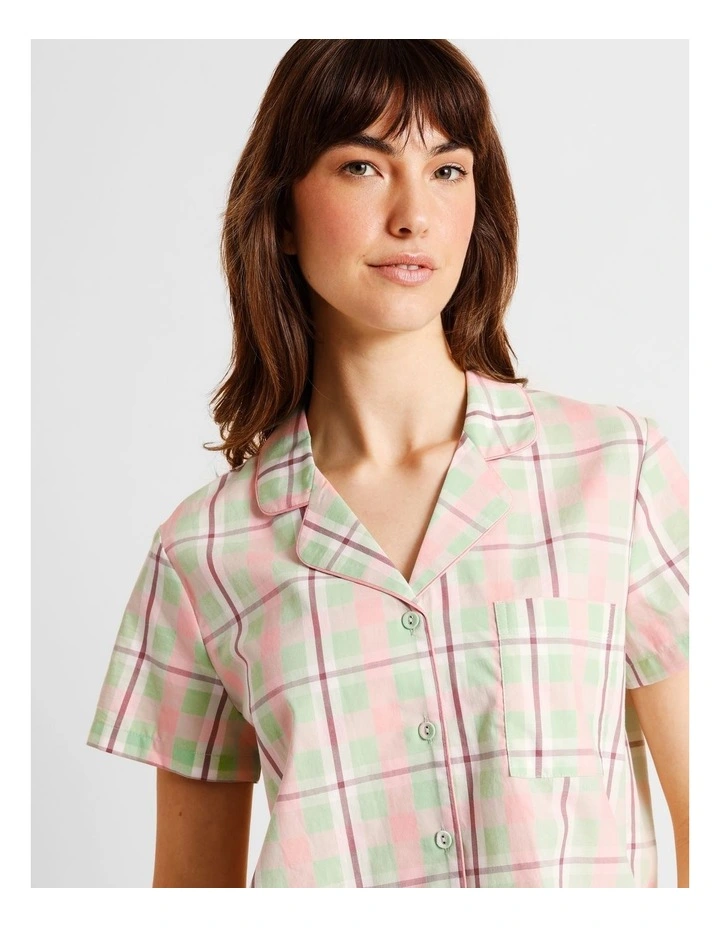 Core Cotton Sateen Short Sleeve Short PJ Set in Pistachio Check Print image 3