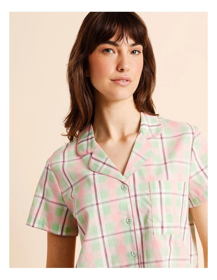 Core Cotton Sateen Short Sleeve Short PJ Set in Pistachio Check Print image 3
