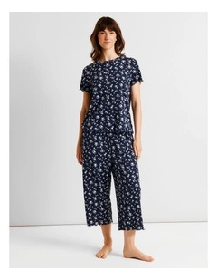 Everyday Pointelle Short Sleeve 3/4 Pant PJ Set in Navy Floral Ditsy Print