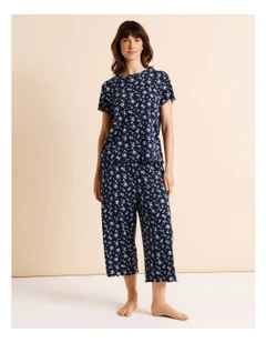 Everyday Pointelle Short Sleeve 3/4 Pant PJ Set in Navy Floral Ditsy Print