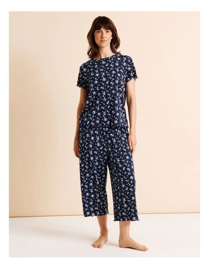 Everyday Pointelle Short Sleeve 3/4 Pant PJ Set in Navy Floral Ditsy Print image 1