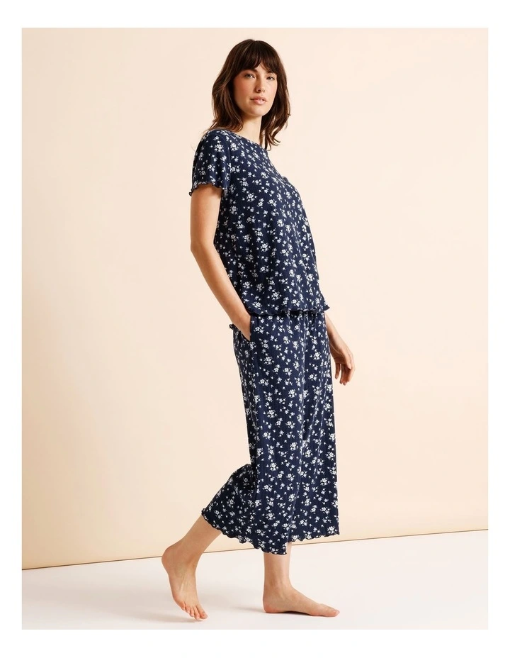 Everyday Pointelle Short Sleeve 3/4 Pant PJ Set in Navy Floral Ditsy Print image 2