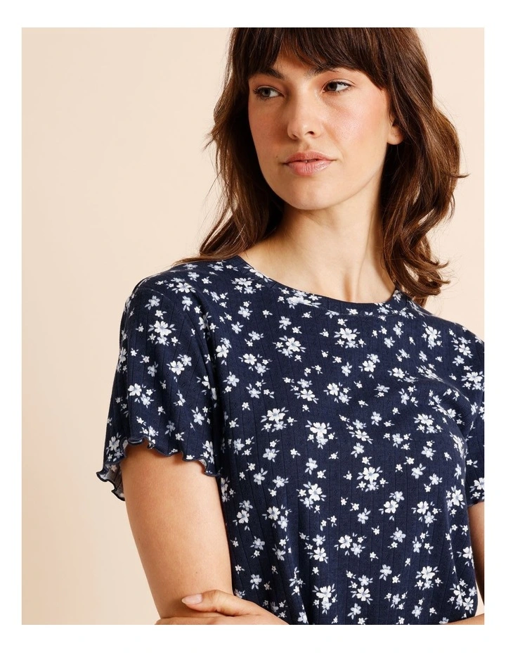 Everyday Pointelle Short Sleeve 3/4 Pant PJ Set in Navy Floral Ditsy Print image 3