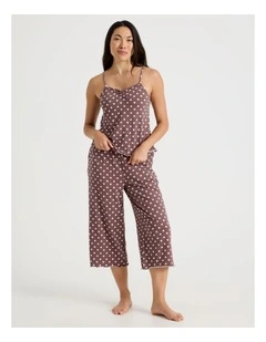 Fluted Edge Cami 3/4 Pant Pyjama Set in Taupe Heart Print