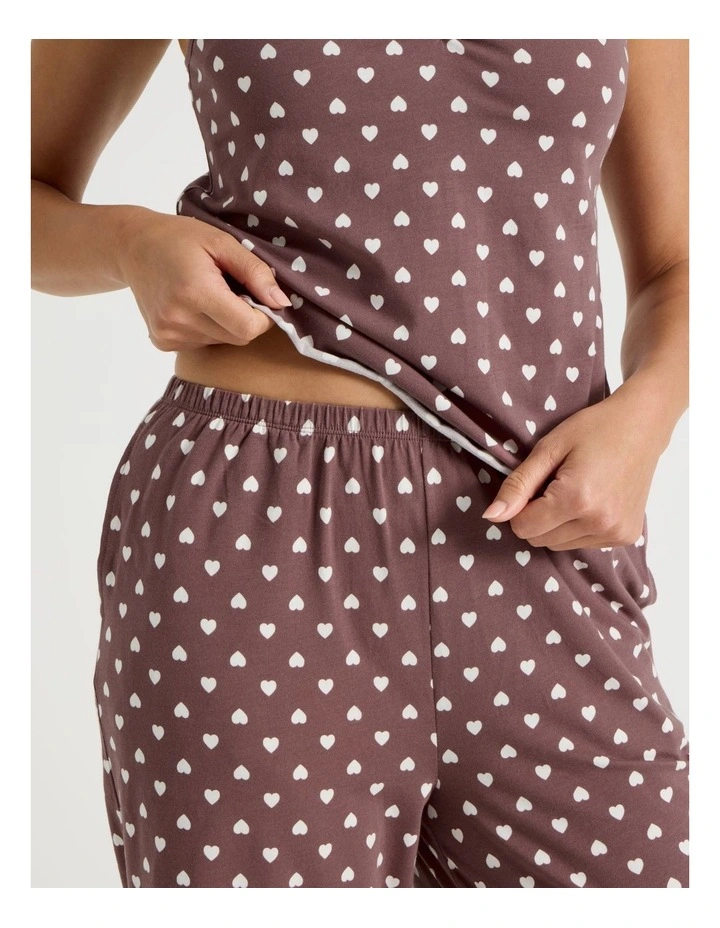 Fluted Edge Cami 3/4 Pant Pyjama Set in Taupe Heart Print image 3