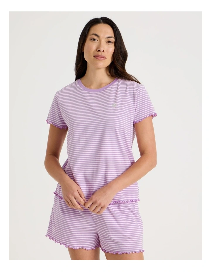 Fluted Edge Short Sleeve Pyjama Set in Lilac Stripe image 3