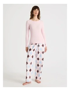Soho Flannel Long Sleeve Knit  Top & Flannelette Pants Pyjama Set in Pink Argyle Print