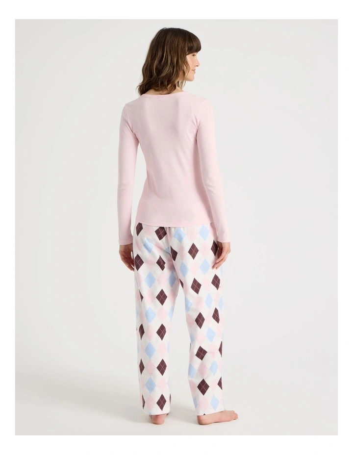 Soho Flannel Long Sleeve Knit  Top & Flannelette Pants Pyjama Set in Pink Argyle Print image 5