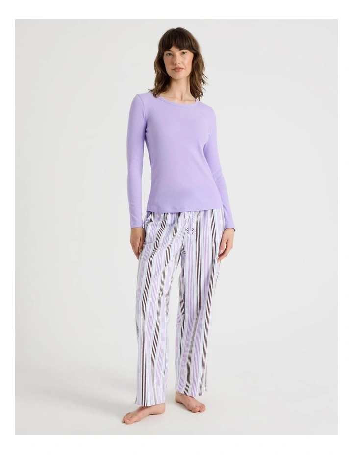 Flannel Long Sleeve Knit / Flannelette Pant PJ Set in Lilac Stripe Print image 1