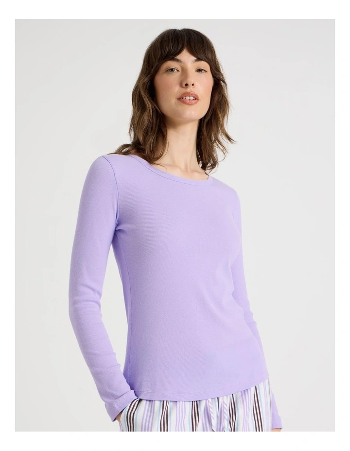 Flannel Long Sleeve Knit / Flannelette Pant PJ Set in Lilac Stripe Print image 2