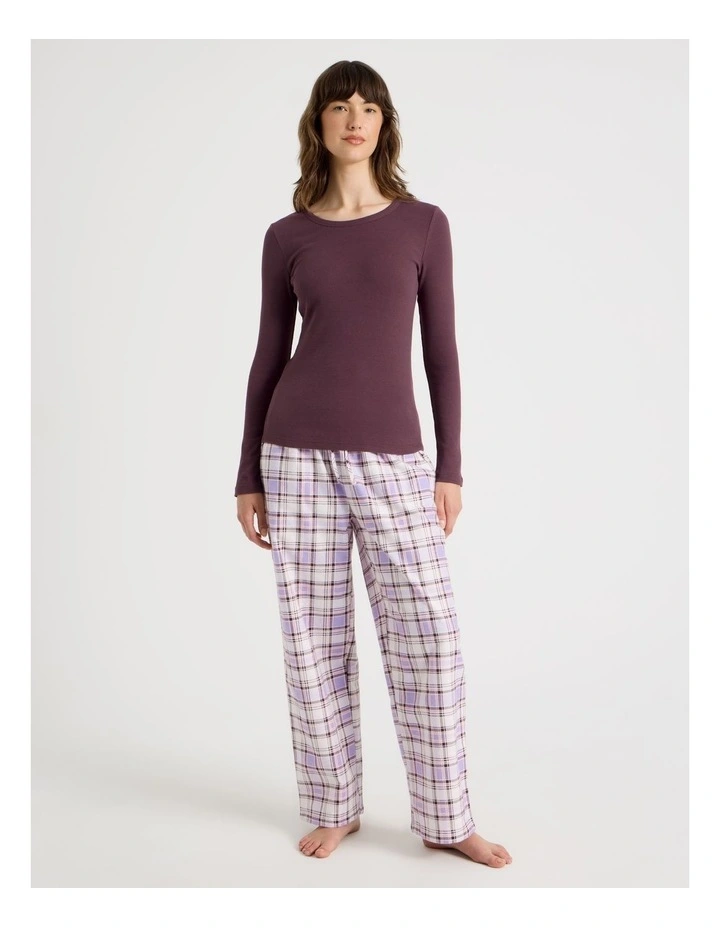 Flannel Long Sleeve Knit Top & Flannelette Pant PJ Set in Raisin & Lilac Check Print image 1