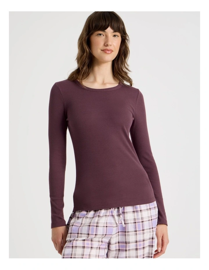 Flannel Long Sleeve Knit Top & Flannelette Pant PJ Set in Raisin & Lilac Check Print image 2