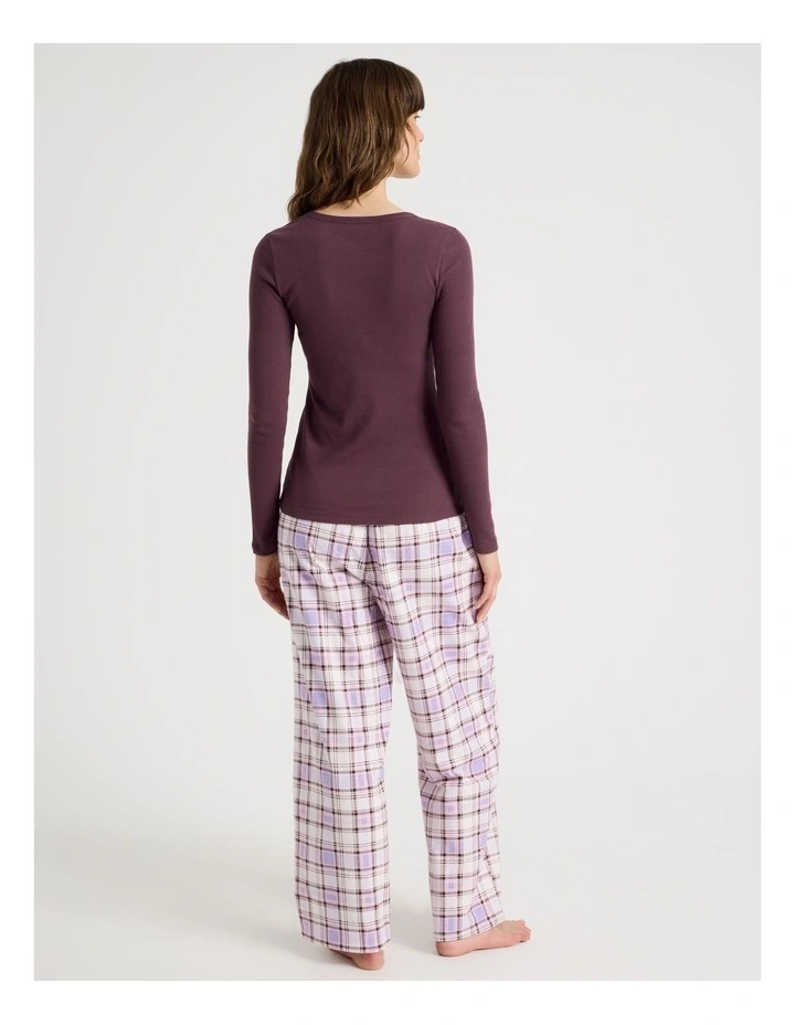 Flannel Long Sleeve Knit Top & Flannelette Pant PJ Set in Raisin & Lilac Check Print image 5