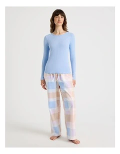 Flannel Long Sleeve Knit Top & Flannelette Pant PJ Set in Blue Check Print