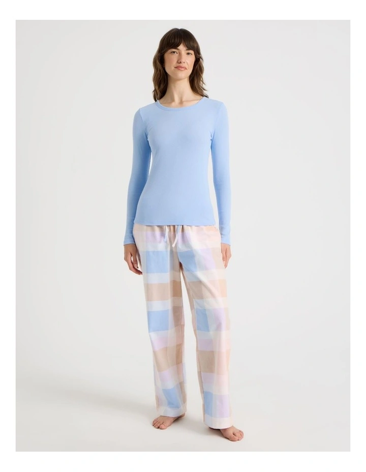 Flannel Long Sleeve Knit Top & Flannelette Pant PJ Set in Blue Check Print image 1