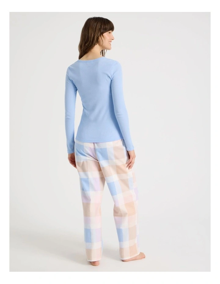 Flannel Long Sleeve Knit Top & Flannelette Pant PJ Set in Blue Check Print image 5