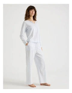 Everyday Half Placket Long Sleeve Long PJ Set in White Y/D Stripe