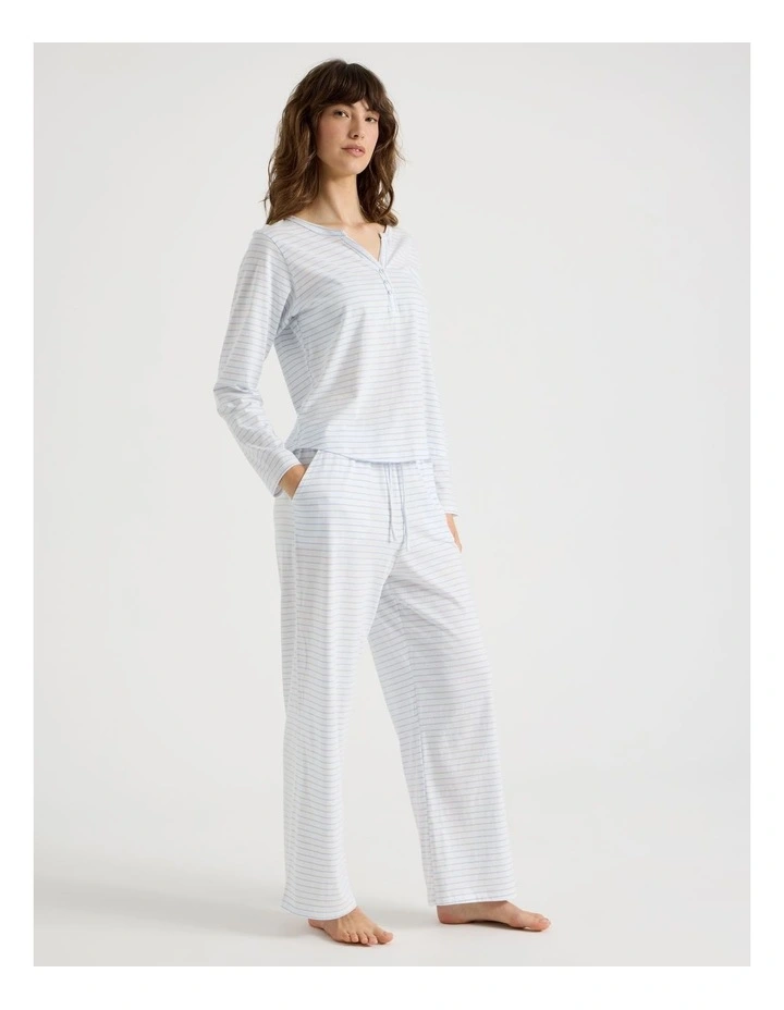 Everyday Half Placket Long Sleeve Long PJ Set in White Y/D Stripe image 1