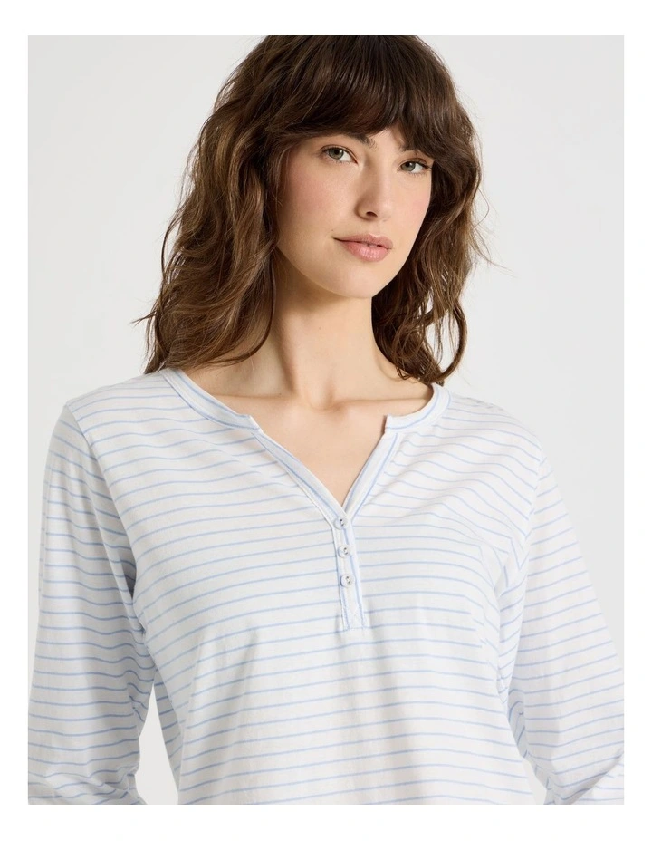 Everyday Half Placket Long Sleeve Long PJ Set in White Y/D Stripe image 2