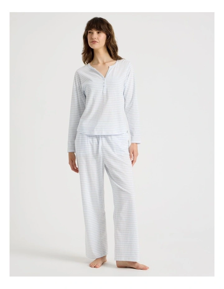 Everyday Half Placket Long Sleeve Long PJ Set in White Y/D Stripe image 3