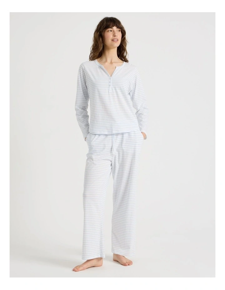Everyday Half Placket Long Sleeve Long PJ Set in White Y/D Stripe image 5