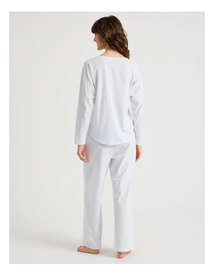 Everyday Half Placket Long Sleeve Long PJ Set in White Y/D Stripe image 6