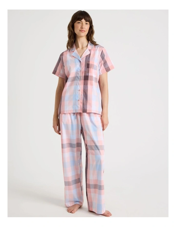 Short Sleeve Long Pant PJ Set in Pink Check Print image 1
