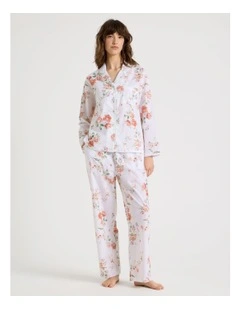 Cotton Long Sleeve PJ Set in White Floral Print