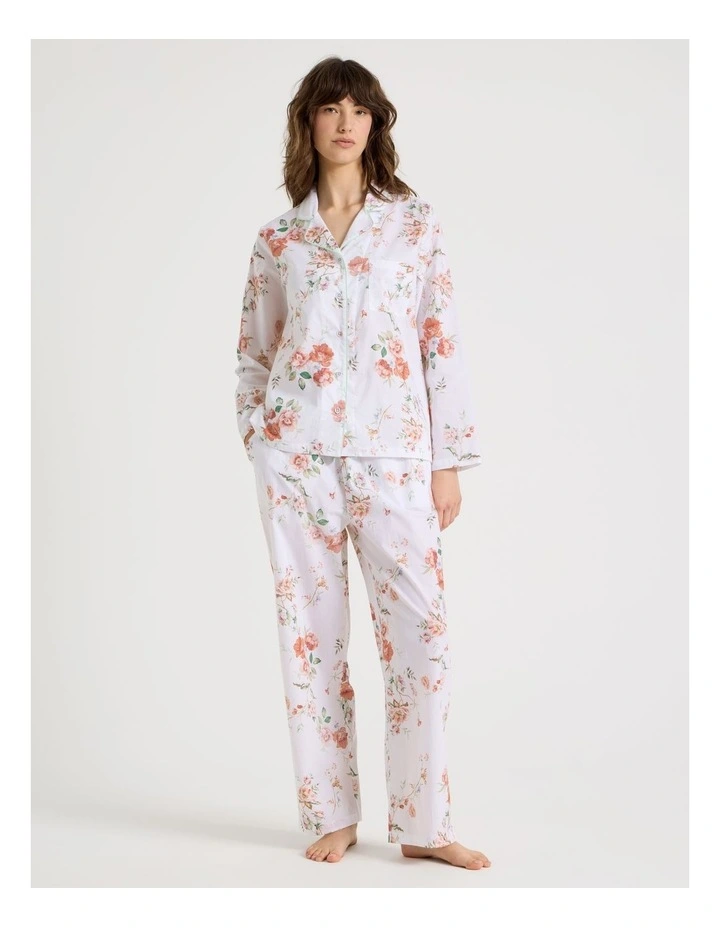 Cotton Long Sleeve PJ Set in White Floral Print image 1