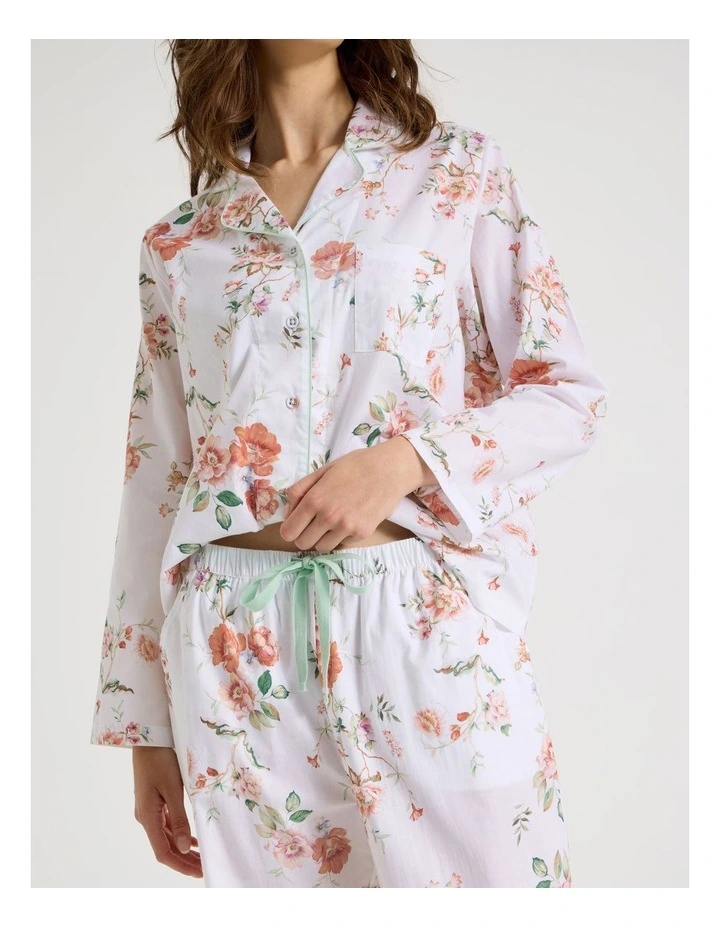 Cotton Long Sleeve PJ Set in White Floral Print image 3