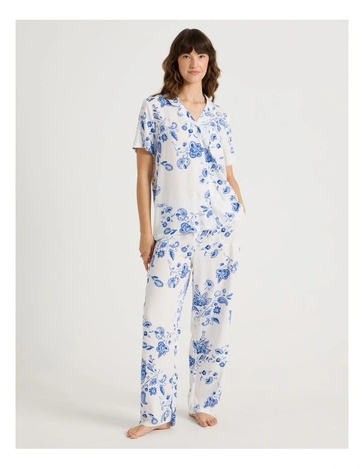 Short Sleeve Long Pant Viscose Pyjama Set in White Floral Print image 1