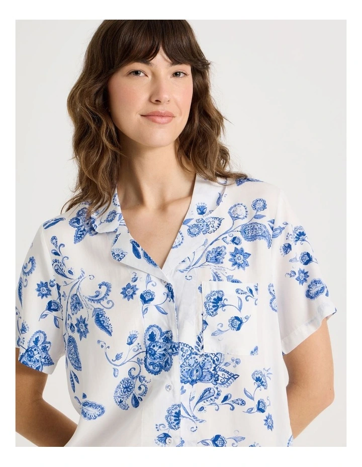 Short Sleeve Long Pant Viscose Pyjama Set in White Floral Print image 2