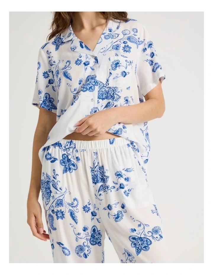 Short Sleeve Long Pant Viscose Pyjama Set in White Floral Print image 3