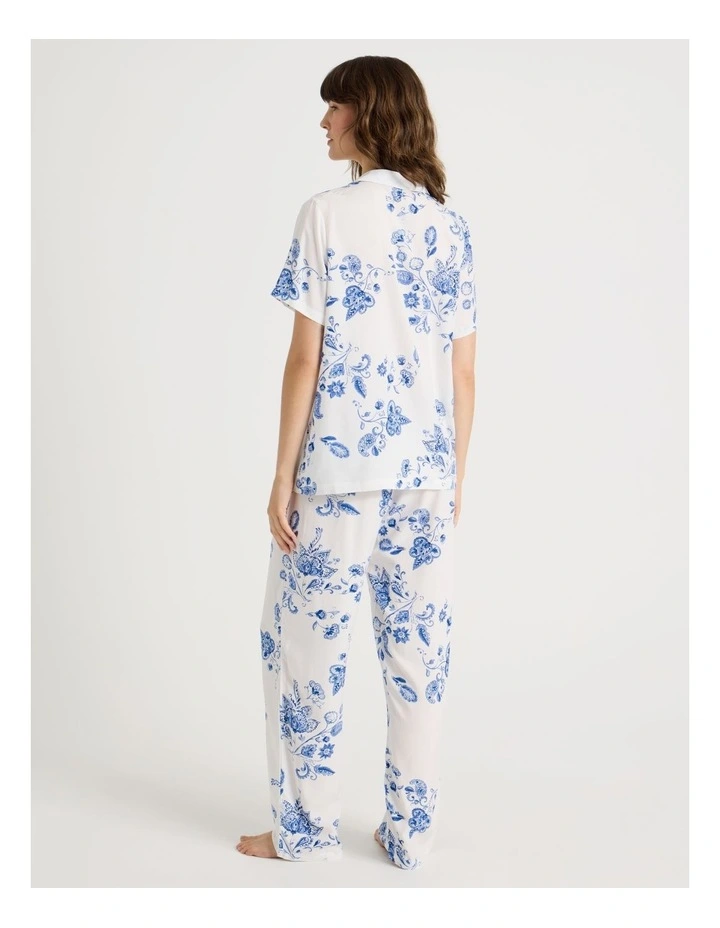Short Sleeve Long Pant Viscose Pyjama Set in White Floral Print image 4