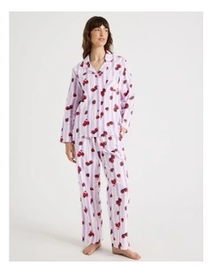 Flannelette Pyjama Set in Strawberry Stripe Print