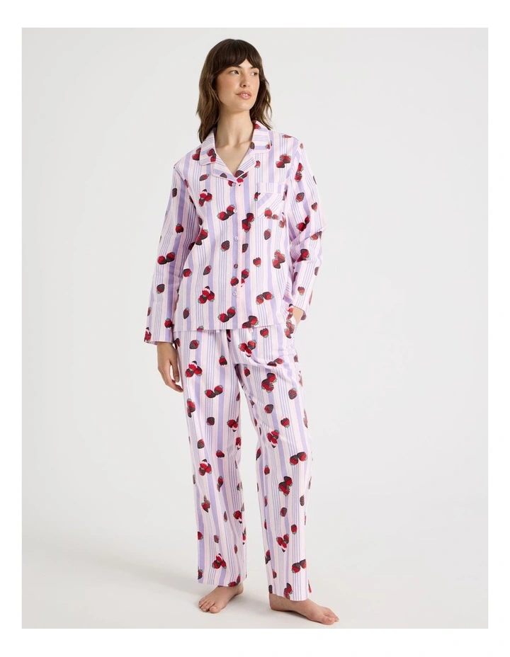 Flannelette Pyjama Set in Strawberry Stripe Print image 1