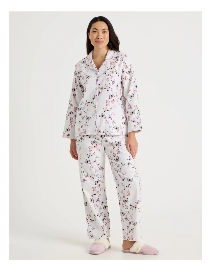 Flannelette Pyjama Set in White Butterflies Print image 1