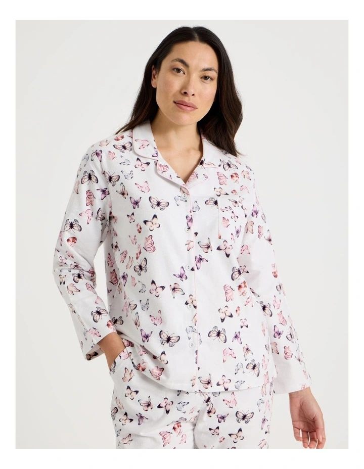 Flannelette Pyjama Set in White Butterflies Print image 2