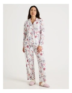 Long Sleeve Button Up Pyjama Set in White Floral Print