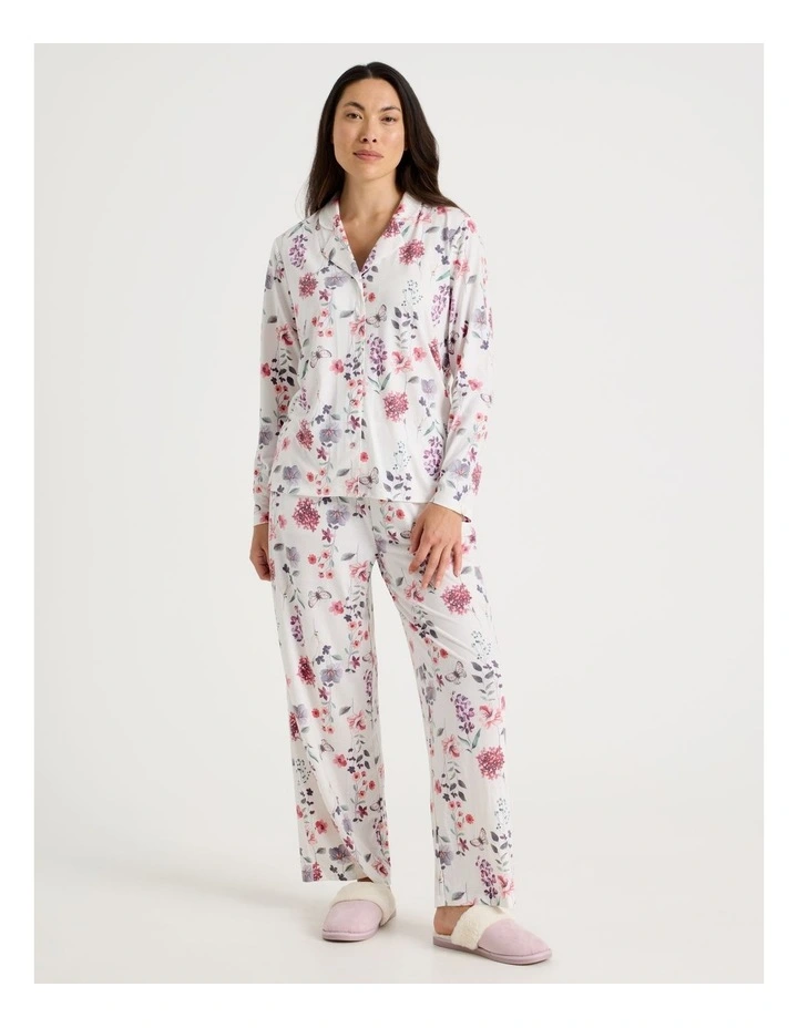 Long Sleeve Button Up Pyjama Set in White Floral Print image 1