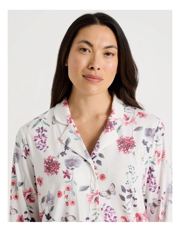 Long Sleeve Button Up Pyjama Set in White Floral Print image 2