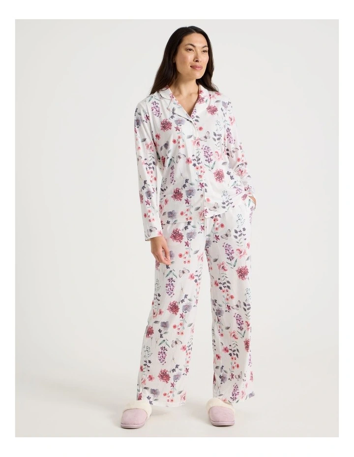 Long Sleeve Button Up Pyjama Set in White Floral Print image 3