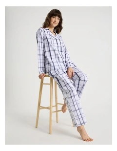 Core Cotton Long Sleeve Long Pant Pyjama Set in White & Navy Check Print