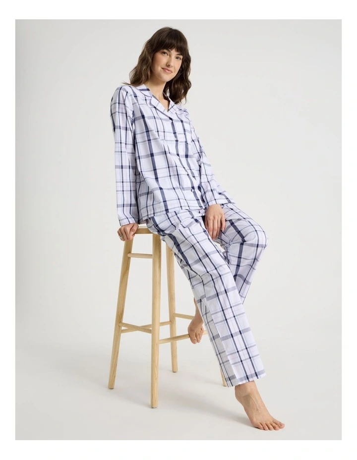 Core Cotton Long Sleeve Long Pant Pyjama Set in White & Navy Check Print image 1