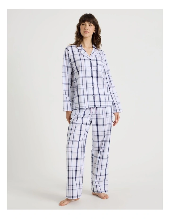 Core Cotton Long Sleeve Long Pant Pyjama Set in White & Navy Check Print image 2
